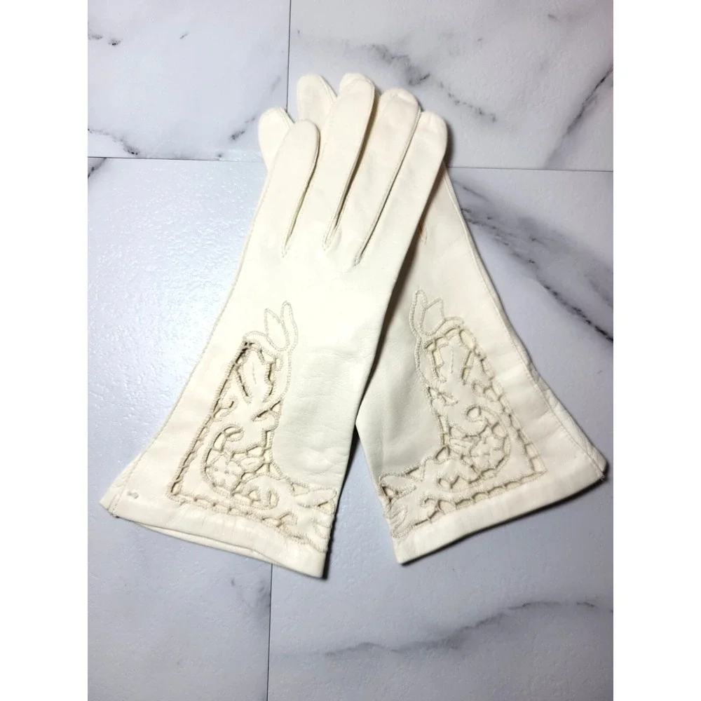 VTG Capretto Lavabile Ivory Cutout Leather Gloves Above Wrist Special Event Sz 7